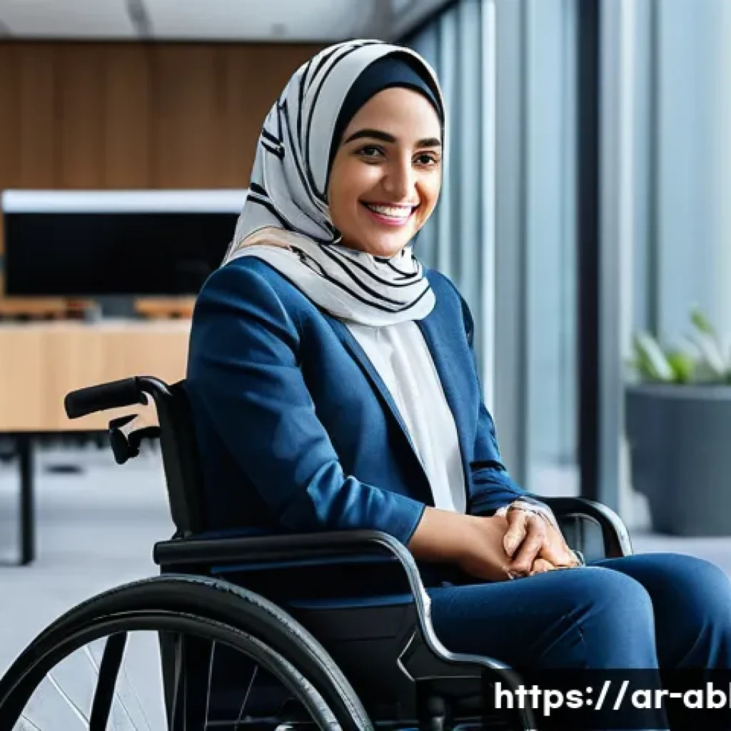 장애인상담사 업무 관련 기술 - A bright and hopeful image featuring a young woman with a disability (e.g., using a smart, modern wh...
