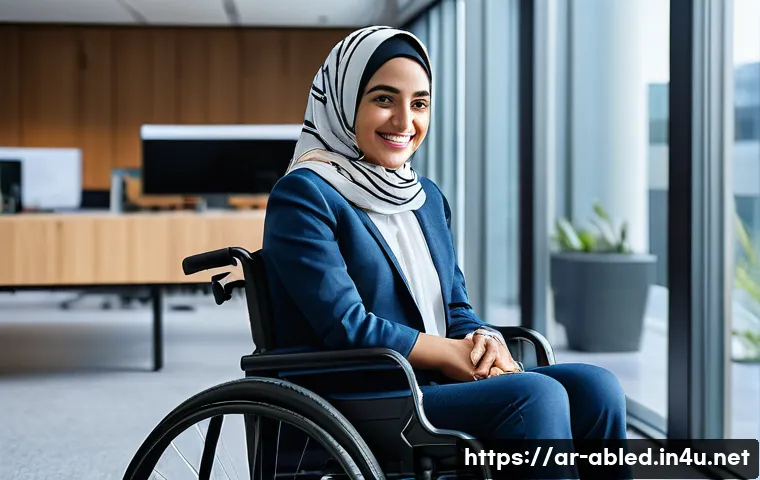 장애인상담사 업무 관련 기술 - A bright and hopeful image featuring a young woman with a disability (e.g., using a smart, modern wh...