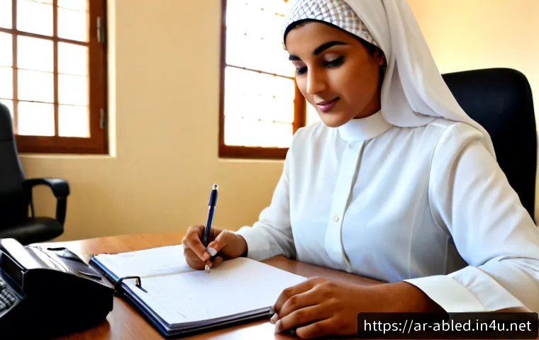 장애인상담사 업무 일지 작성법 - Photorealistic disability counselor in a modest professional office in an Arab community center, wea...
