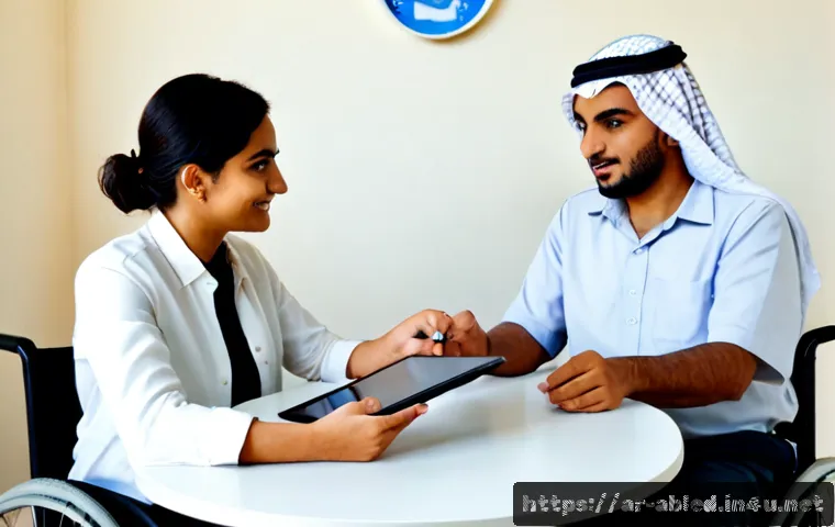 장애인상담사 상담 도구 - Photorealistic disability counselor meeting with an Arab adult client in a bright, accessible consul...