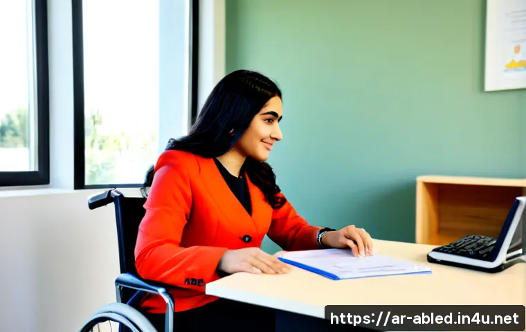 장애인상담사 연봉 증가 방법 - Photorealistic Middle Eastern disability counselor in modest professional attire, confidently discus...
